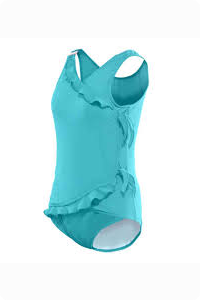 turquoise swimsuit with diagonal frills across the body